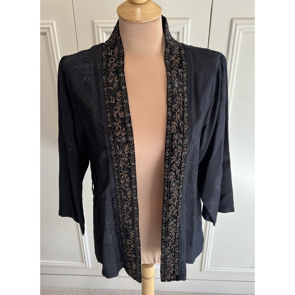 Vintage April Cornell Black On Black Floral Cardigan Large Beaded Artsy Boho